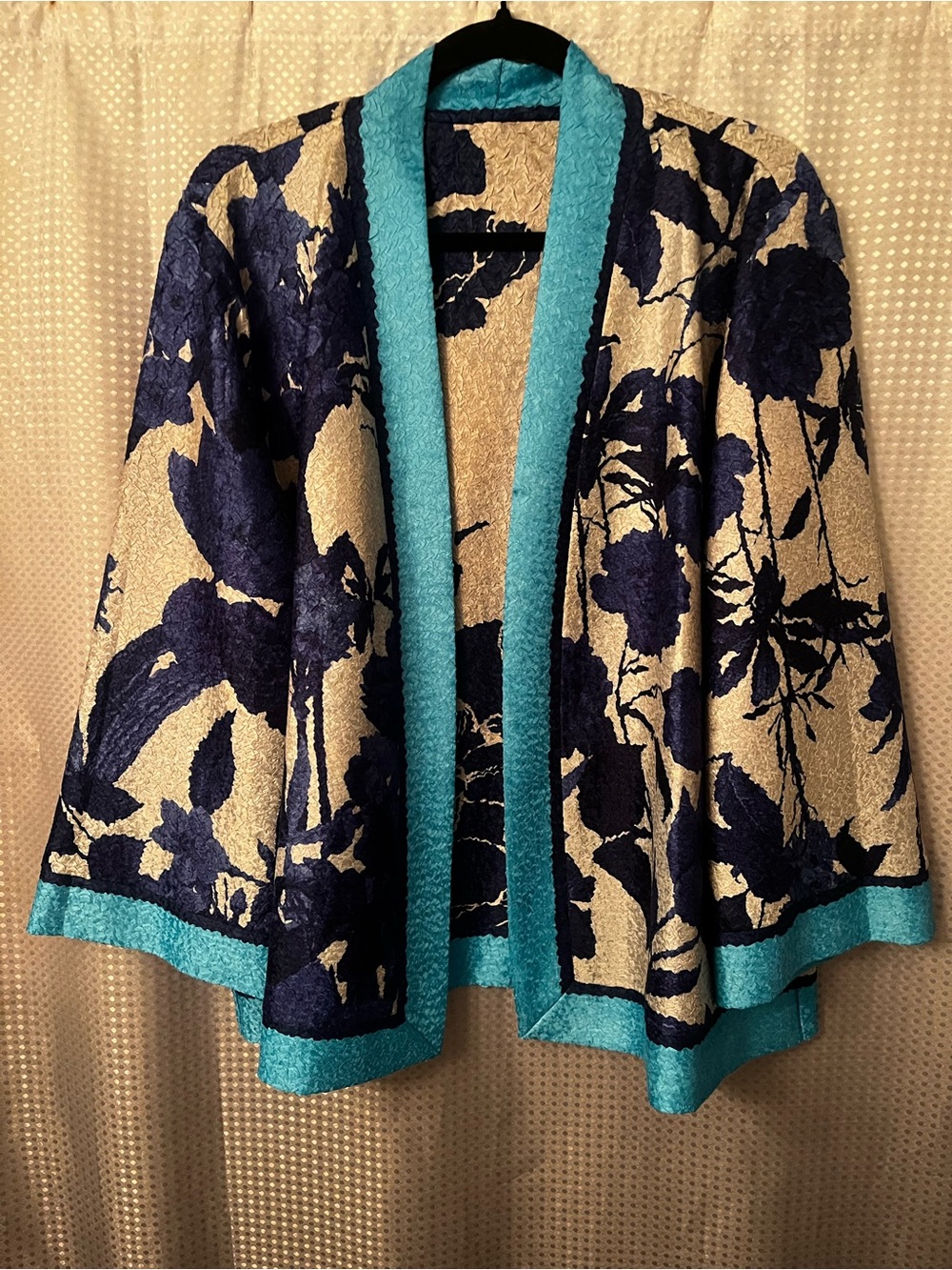 Floral Open-Front Reversible Women's Short Kimono in Navy and Turquoise